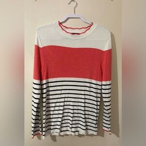 Liz Claiborne Women's Sweater Size XL Long Sleeve Shirt White Black Pink Striped